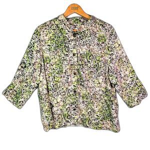 CJ Banks Button Up Blouse Green Brown 1X Linen Blend Abstract Casual